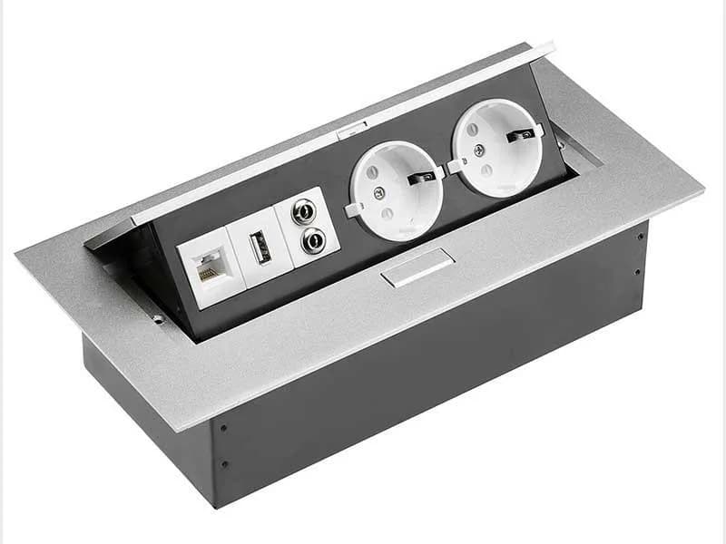 Розетка меблева врізна прямокутна GTV, 2 × Schuko + USB + Ethernet, алюміній — Зображення 1