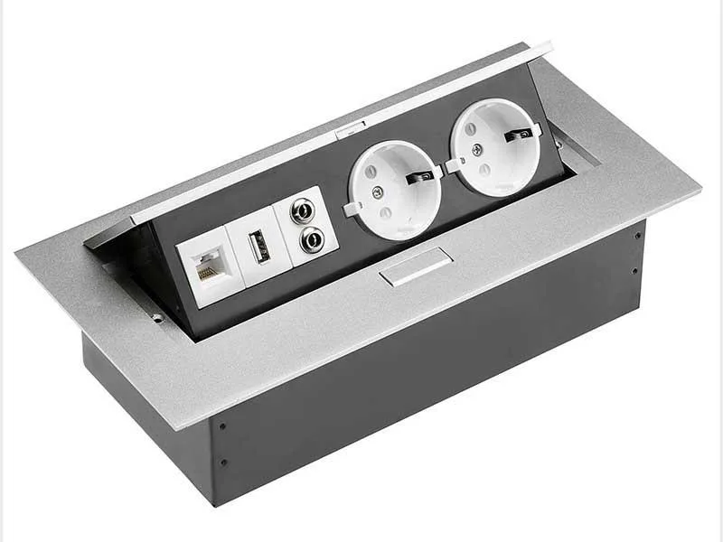 Розетка меблева врізна прямокутна GTV, 2 × Schuko + USB + Ethernet, алюміній