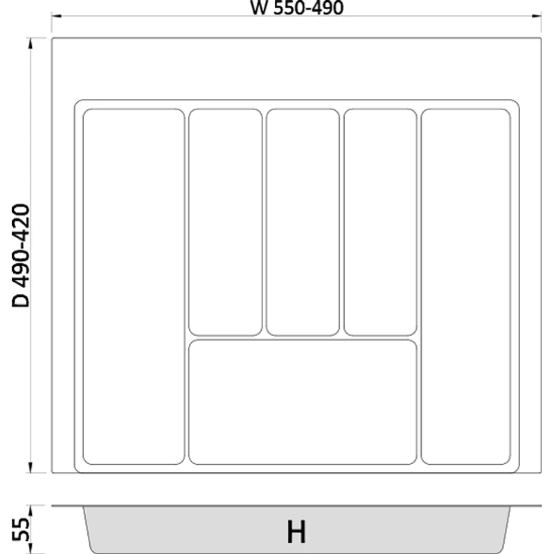 Лоток для столовых приборов Rejs MAX 60 490-550x422-490 белый TE36.0122.05.013 - размерная схема